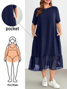 Shapeblank Plus-Size Women's Spring/Summer Fashion Casual Loose Comfortable Everyday Basic Versatile Slimming Black Short-Sleeved Chiffon Patchwork Mid-Length Dress,Summer Outfits,Pocket Dress,Simple Style - Navy Blue - View 1