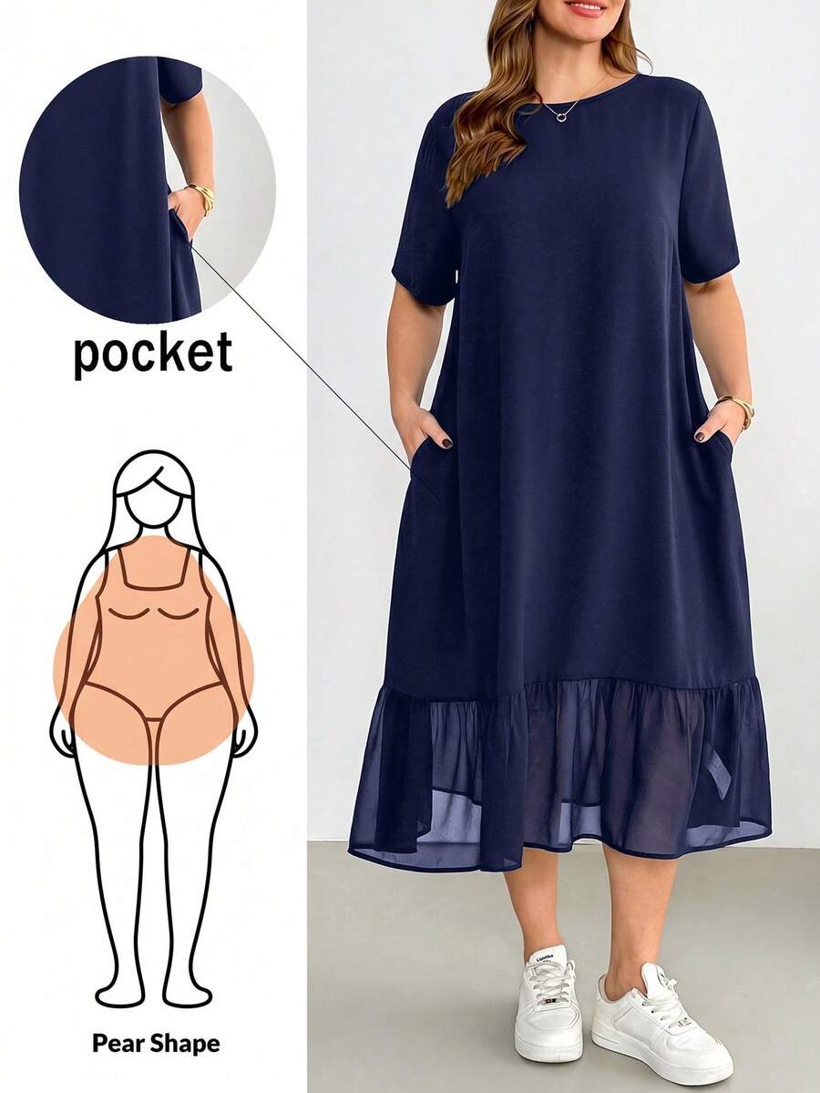 Shapeblank Plus-Size Women's Spring/Summer Fashion Casual Loose Comfortable Everyday Basic Versatile Slimming Black Short-Sleeved Chiffon Patchwork Mid-Length Dress,Summer Outfits,Pocket Dress,Simple Style - Navy Blue - View 1