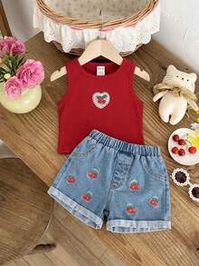 SHEIN Playful Pals 2pcs Baby Girls' White Floral Print Tank Top And Loose Comfortable Green Denim Shorts Set, Casual And Cute Style - Red - View 5