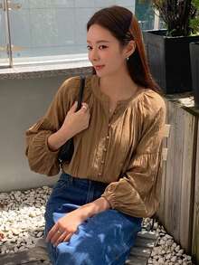 DAZY Áo khoác cardigan dáng rộng dành cho nữ, kiểu áo sơ mi công sở thường ngày theo phong cách đồng phục học sinh. - Cà phê nâu - Xem 3