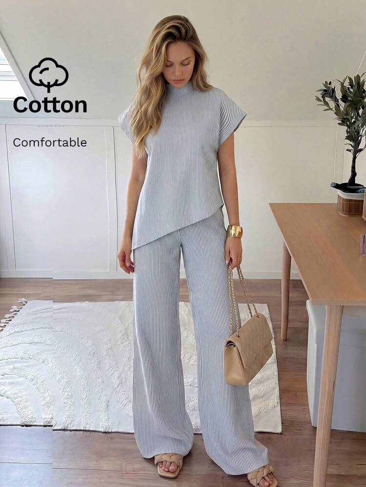 Easowa Women's Fashion Asymmetrical Hem Blue And White Stripe Top Pants 2 Pieces Set Travel Summer Casual - Blue and White - View 4