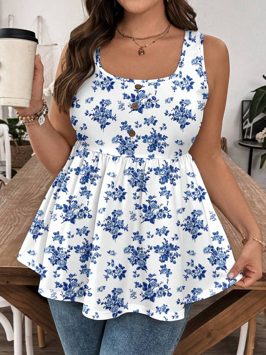 SHEIN LUNE ملابس علوية بدون أكمام مطبوعة بزهور باللون الأزرق والأبيض مقاس كبير، مناسبة للصيف - متعدد الألوان - مشاهدة 1