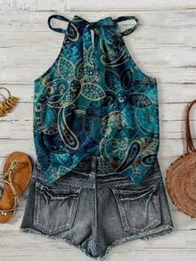 SHEIN LUNE Áo tank top cổ yếm phong cách tối giản, thoải mái, kiểu bohemian, retro, họa tiết hoa màu xanh lá cây bạc màu, phù hợp cho các lễ hội âm nhạc, trang phục đi biển, trang phục nghỉ mát, trang phục mùa hè cho nữ, áo tank top cổ yếm cho nữ mùa xuân/hè. - Nhiều màu - Xem 2