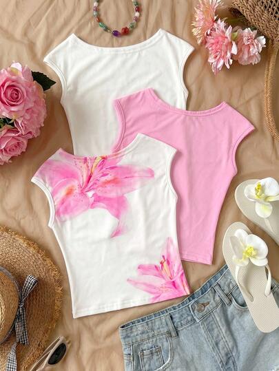 3pcs Young Girl 2 Solid Color T-Shirts + 1 Lily Floral Print Short Sleeve, Open Shoulder, Pullover Top Set