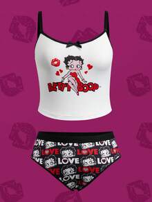 Betty Boop x SHEIN Plus Size Letter & Cartoon Character Print Camisole And Panty Lingerie Set - Black and White - View 1