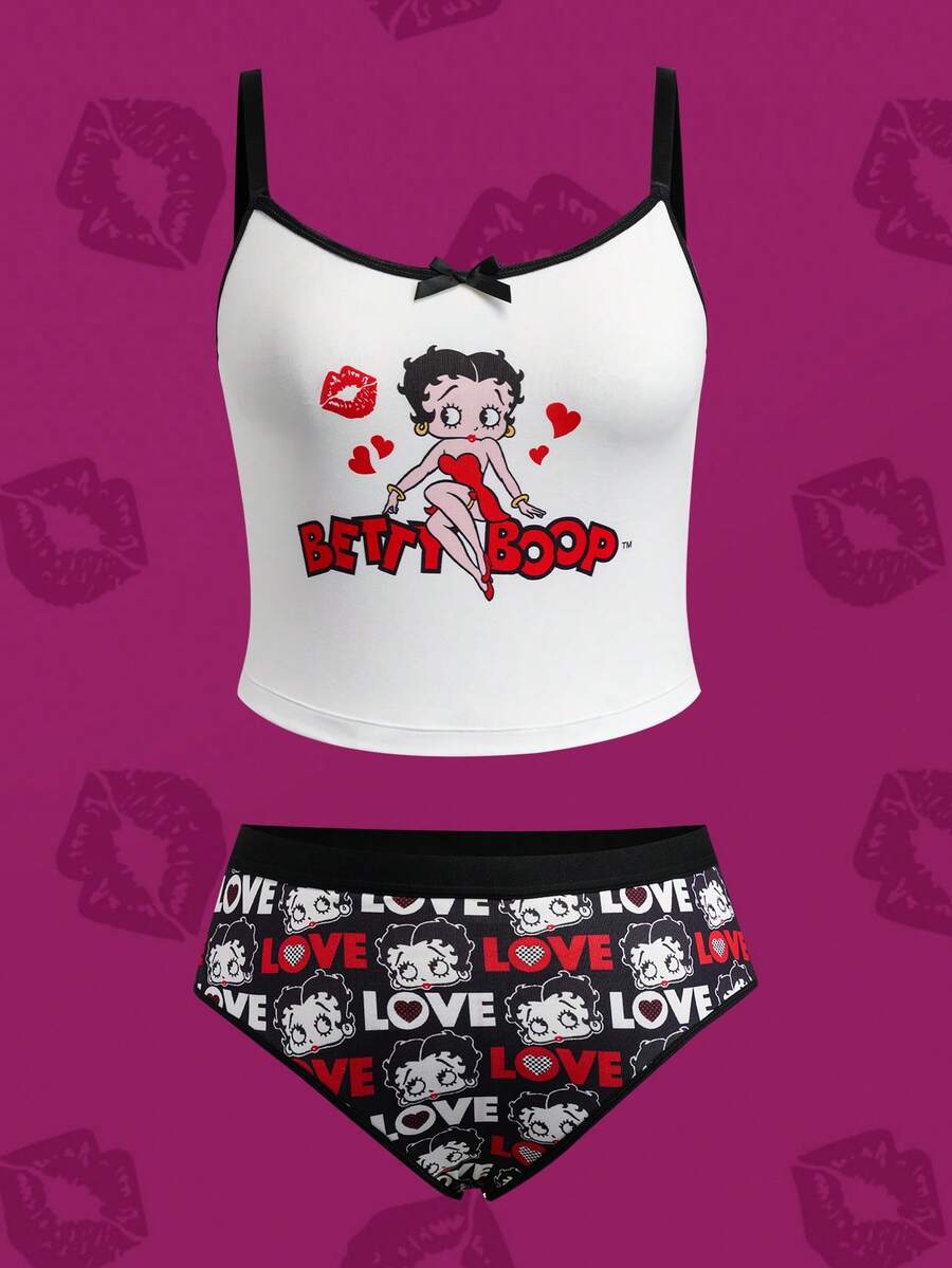 Betty Boop x SHEIN Plus Size Letter & Cartoon Character Print Camisole And Panty Lingerie Set - Black and White - View 1