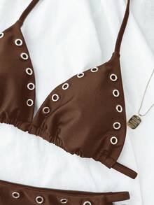 SHEIN Kids Teen Girl Keyhole Design Halter Swimwear Set, Suitable For Swimming, Holiday, Summer Beach Wear Chocolate Brown Casual - Brown - View 4