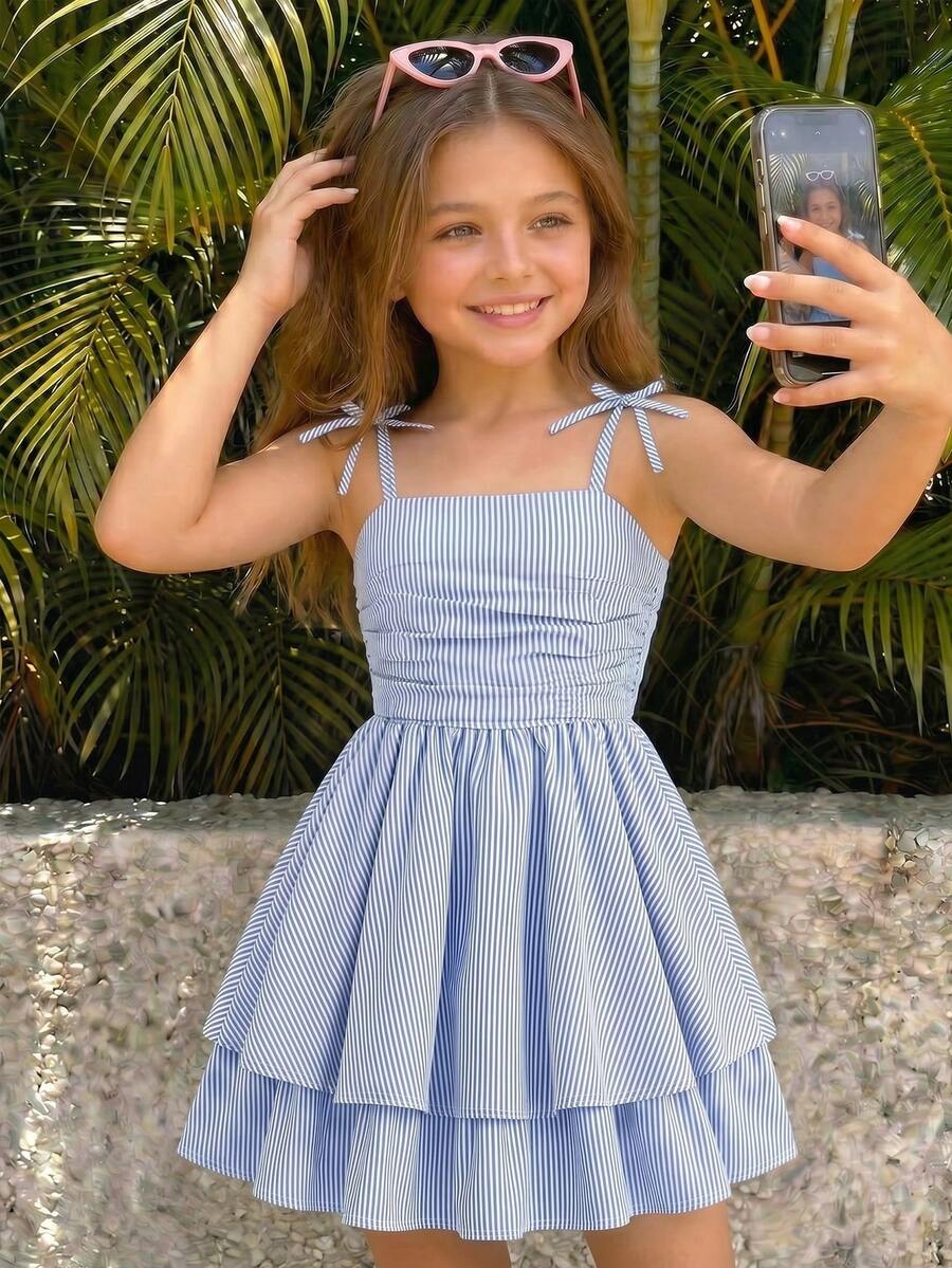 Tween Girls' Summer New Casual Vacation Blue & White Striped Layered Ruffle Strap Dress - Blue and White - View 1