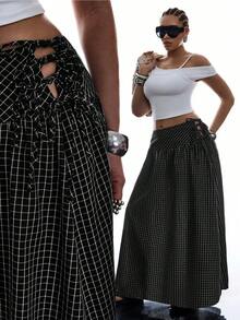 SHEIN EZwear 女款休閒極簡黑色格紋側綁帶長裙/長裙/格紋裙/格子裙/黑色裙 - 黑色 - 查看 9