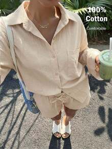 Muchica 女士夏季新款休闲度假白色梭织衬衫短裤套装，田园风女装，纯棉女装，棉质家居服，100%纯棉亚麻套装，棉麻套装，度假时尚棉麻两件套，女士纯棉服装，有机棉服装 - 卡其色 - 查看 4