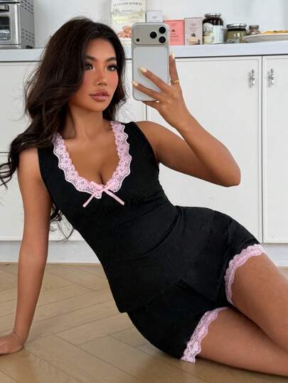 ZzzCrew Áo ngủ dệt kim ôm sát có trang trí nơ