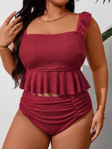 SHEIN Swim Curve 大码女式纯色荷叶边吊带泳衣套装 - 酒紅色 - 查看 5