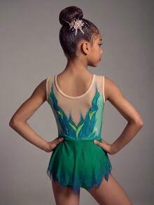SHEIN Tween Girls Gymnastics Leotard, Mesh Bottom, All-Over Print Design. High Stretch Fabric, Comfortable Stretch, Fall Winter, Autumn, Back To School - Green - View 5