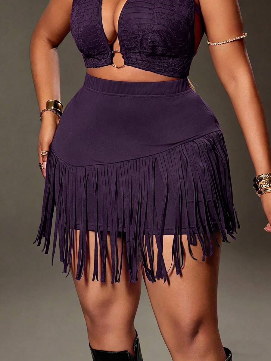 Maweii Plus Size Women's Fashionable Slimming Versatile Party Asymmetrical Tassel Hem Skirt, Suitable For Summer Holiday Outfit - Purple - View 1