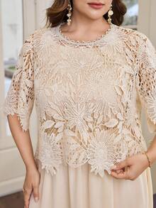 Modelyn Plus Size Women 2-Piece Set, Water-Soluble Lace Blouse Paired With Chiffon A-Line Skirt, Brown Color, Summer Elegant Fashionable Wedding Outfit - Apricot - View 6