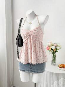 SHEIN Sweetro Áo hai dây dáng ôm họa tiết hoa nhí tươi tắn, đa năng, mới mẻ cho mùa hè. - Hồng - Xem 4