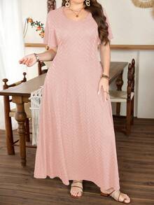 Modelyn Plus Size Women Ruffle Hem A-Line Dress, Minimalist Elegant Short Sleeve - Pink - View 4