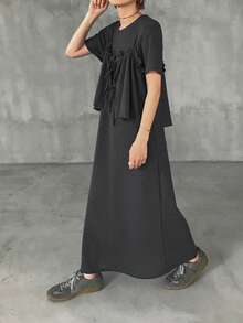 FRIFUL Women's 2-Piece Set, Loose Fit Round Neck Short Sleeve, Tie Bow Knot Ruched Frill Trim Summer - Dark Grey - View 4