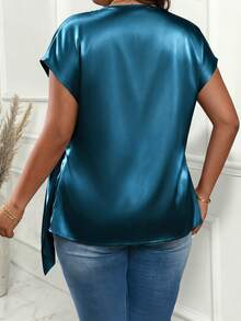 EMERY ROSE Plus Size Crinkle Texture Fabric Crossed Wrap Side Knot One-Piece Short Sleeve Casual Commuter Shirt - Teal Blue - View 2