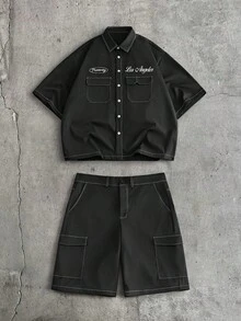 AXEPEAK Set Kemeja Pria Modis dan Serbaguna dengan Bordir Huruf, Model Kancing Tunggal, dan Celana Pendek Kasual dengan Saku - Hitam - View 2
