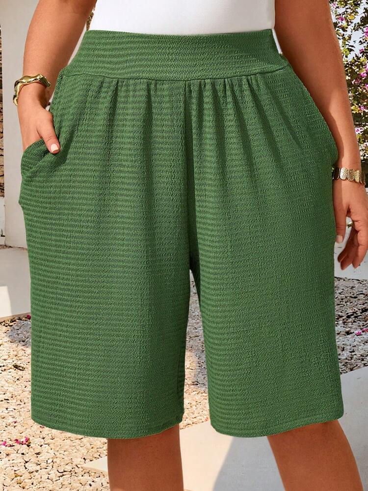 Plus Size Women Solid Color Shorts Green Shorts For Women Kaki Short Pants For Women Green Striped Shorts Green Coords For Women