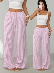 SHEIN PETITE Women's Pink Striped Casual Pants, Suitable For Summer Vacation - Pink - View 5