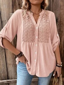SHEIN LUNE Plus Size Lace Patchwork 3/4 Sleeve V-Neck Button Down Casual Vacation Shirt - Orange - View 4