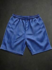 SUMWON Pantalones cortos de verano casuales con cordón y diseño de estampado de texto grande a rayas - azul real - Ver 2