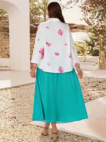 EMERY ROSE Plus Size Women Floral Print Shirt And Skirt Set, Vacation Gym Brown Autumn - Multicolor - View 2