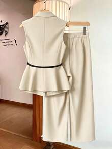 SHEIN Clasi Bộ áo blazer không tay cỡ lớn dành cho nữ, kiểu dáng thường ngày, kèm thắt lưng, gồm 2 món. - Màu be - Xem 2