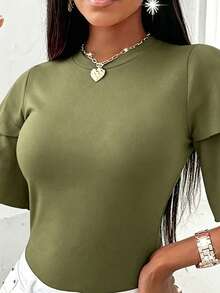 EMERY ROSE T-shirt ajusté à manches superposées de couleur unie élégant et minimaliste pour femmes, été - Militaire verte - Voir 3