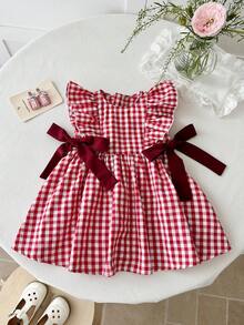SHEIN LMoss Kids 女婴红色格子拉链圆领荷叶边下摆休闲撞色蝴蝶结百搭连衣裙 - 紅色 - 查看 8