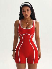 Dewbera Dewbera Summer Minimalist Contrast Trim Backless Sports Jumpsuit - Red - View 3