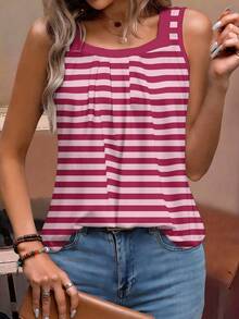 EMERY ROSE Plus Size Women Colorblock Graphic Tee, Striped Tank Top Shirt Holiday Pink Summer Traditional - Multicolor - View 5