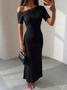 Modelyn Vestido ajustado de línea A con hombro asimétrico de punto negro, encaje y cintura, elegante y romántico, para primavera/verano - Negro - Ver 3