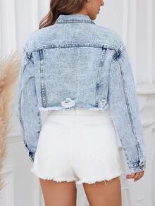 SHEIN Áo khoác denim bạc màu, phong cách thường ngày, dễ thương, thắt nơ. - Rửa nhẹ - Xem 2