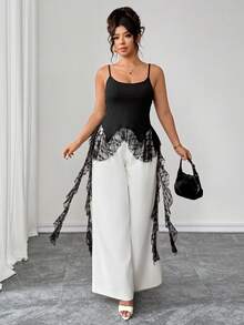 Calvaya Große Größen Elegantes Spitzen-Patchwork-Top mit Rüschen in Jellyfish-Form für Damen, gestricktes ärmelloses Top für Frühling/Sommer, vielseitig einsetzbar für Büro, Urlaub, Feiertage, Partys, Dates, Hochzeiten und Outdoor-Anlässe - Schwarz - Übersicht 3