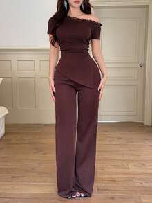 Feyla Women's Elegant Contrast Lace Asymmetrical Shoulder Top And Flare Pants 2 Pieces Set, Summer - Coffee Brown - View 4