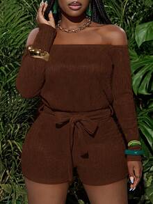 Slaydiva Bộ jumpsuit nữ mùa xuân hè mới, kiểu dáng thường ngày, tay dài lệch vai, tay raglan, phần thân trên rộng rãi, quần short ôm sát, dây buộc eo, vải dệt kim kẻ sọc dọc màu cam. - Màu nâu  Mocha - Xem 6