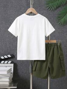 SHEIN 2pcs/Set Young Boys White Summer Loose Casual Street Dinosaur Print Short Sleeve Top Paired With Contrast Color Cargo Shorts,Dynamic Sporty Outfit - Army Green - View 2
