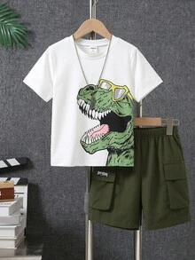 SHEIN 2pcs/Set Young Boys White Summer Loose Casual Street Dinosaur Print Short Sleeve Top Paired With Contrast Color Cargo Shorts,Dynamic Sporty Outfit - Army Green - View 4
