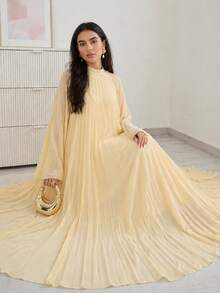 Solavon Vestido feminino estilo árabe, cor sólida, gola falsa, plissado, manga flare - Amarelo - Ver 5
