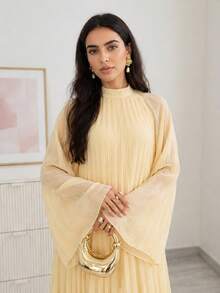 Solavon Vestido feminino estilo árabe, cor sólida, gola falsa, plissado, manga flare - Amarelo - Ver 8
