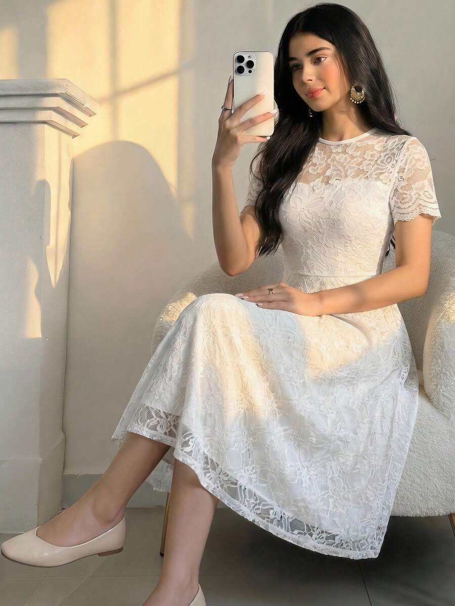 SHEIN 少女白色薄纱蕾丝边雪纺中长连衣裙，适合派对、节日、婚礼、毕业典礼、母亲节等场合，优雅喜庆。 - 白色 - 查看 1