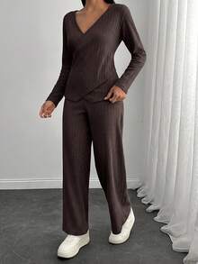 EURMUSE Petite Size Soft Ribbed Jersey Wraparound Long Sleeve Top + Soft Ribbed Pants, Casual Set - Brown - View 3