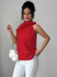 Balvessa Blusa de cuello halter con volantes y pliegues de unicolor, intelectual y elegante - Rojo - Ver 5