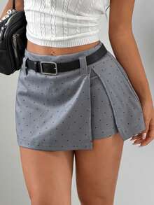 DAZY Light Grey Wrap-Around Split Mini Skirt With Belt, Sexy Casual Summer Back-To-School Skirt For Women School - Grey - View 5