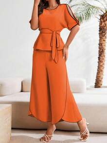 SHEIN Clasi Bộ đồ 2 món tối giản phối màu thanh lịch dành cho nữ, thích hợp mặc hàng ngày. - trái cam - Xem 3