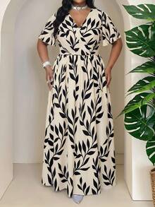 SHEIN Lady Đầm dự tiệc mùa hè dáng rộng in họa tiết lá cây cho nữ cỡ lớn, xếp ly, thích hợp cho các dịp thường ngày. - Nhiều màu - Xem 5