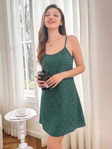 SHEIN Plaid Print Casual Sleeveless Nightgown For Summer Daily Wear - Green - View 4